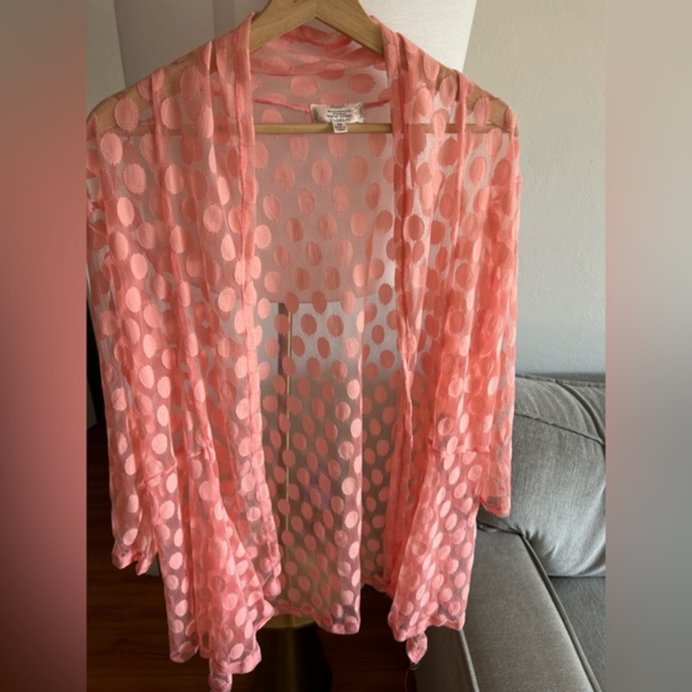 Pink Polka Dot Asymmetrical Mesh Kimono Oversized  2X Cover Up Summer Beach
